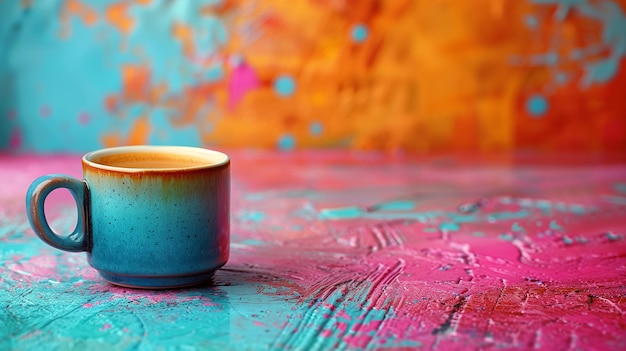 A blue coffee cup on a colorful painted surface