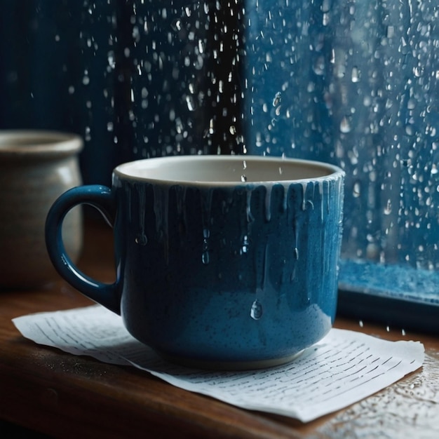 a blue coffee cup with water drops on it