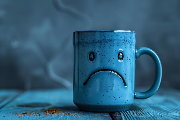 Photo a blue coffee mug with a sad face on it