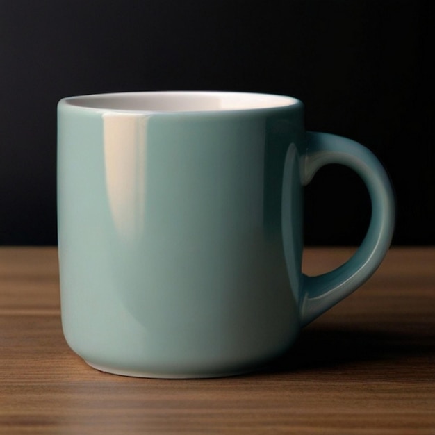 a blue coffee mug with a white handle sits on a wooden table