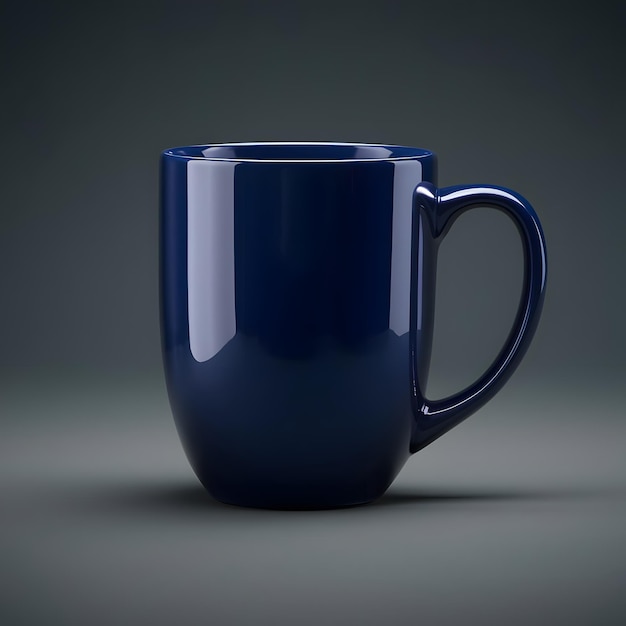 a blue coffee mug with a white stripe on the bottom