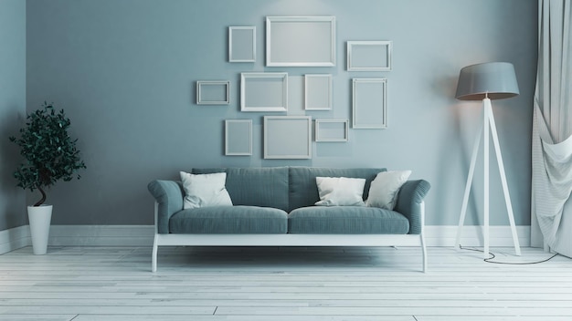 Blue color living room interior design with blue seat and white border picture frame 3D rendering