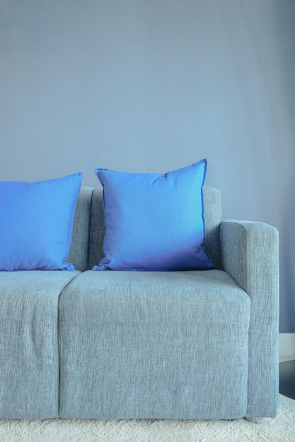 Blue color pillows setting on light blue sofa with blue wall