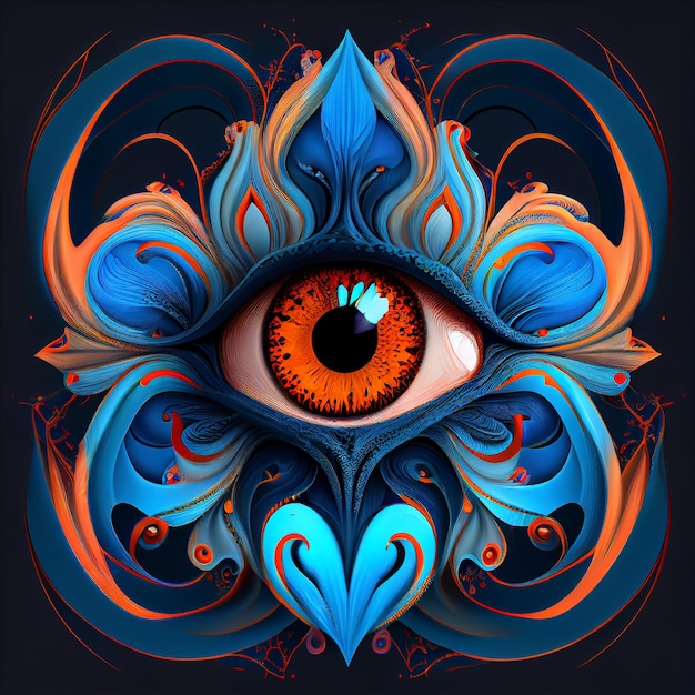 A blue colored iris surrounded by colorful shapes and colored fractals