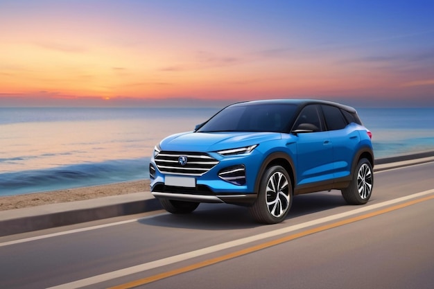 Blue compact SUV car with sport and modern design parked on concrete road by the sea