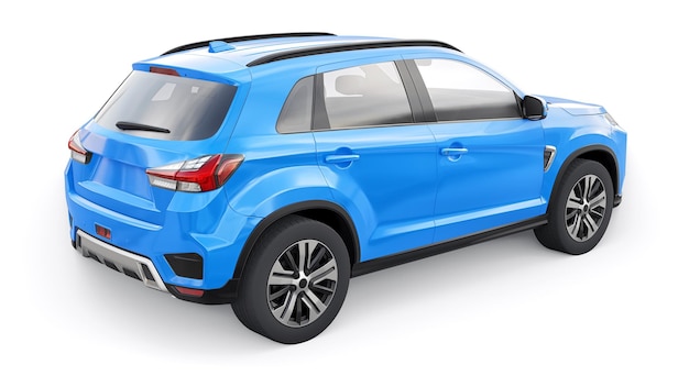 Blue compact urban SUV on a white uniform background with a blank body for your design 3d rendering