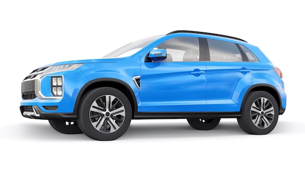 Blue compact urban SUV on a white uniform background with a blank body for your design 3d rendering