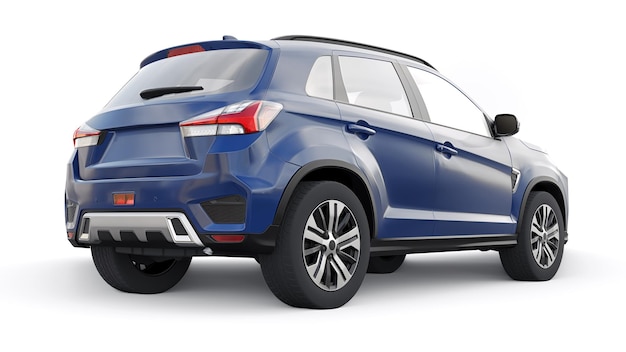 Blue compact urban SUV on a white uniform background with a blank body for your design 3d rendering