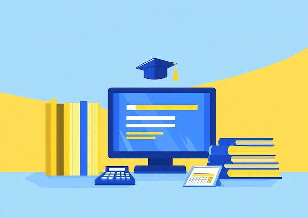 a blue computer screen with books and a blue background with a yellow wall behind it