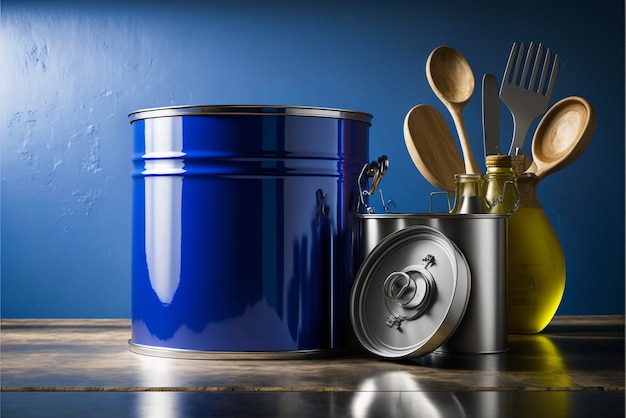 Blue container filled with wooden spoons and utensils