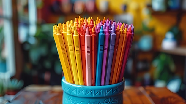 a blue container with a blue container of colored pencils