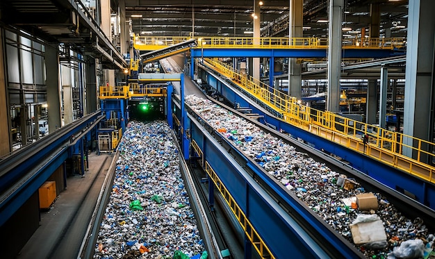 Photo a blue container with trash in it and a yellow railing