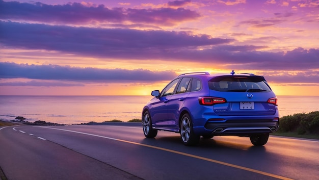 A blue convertible is driving on an asphalt road along the coast at sunset