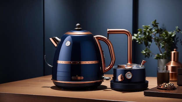 Photo a blue and copper kettle with a black handle