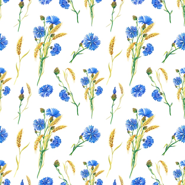 Blue cornflowers, wheat. Watercolor floral seamless pattern. Watercolour Illustration with flower