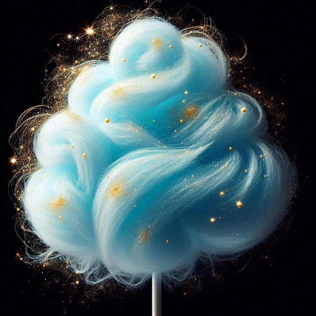 Blue cotton candy reminiscent of a fluffy cloud on a stick against a dark background