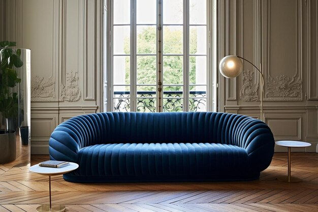 Photo a blue couch is on a wooden floor with a lamp next to it