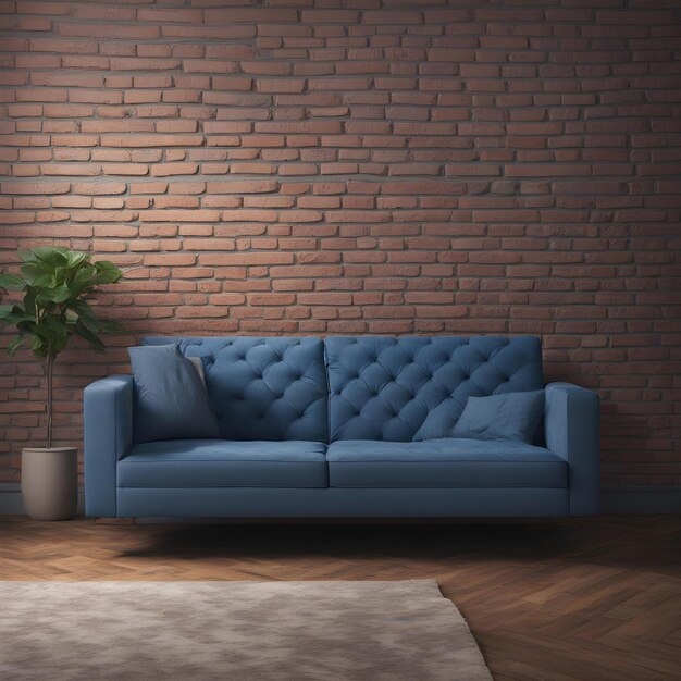 Photo a blue couch sits in front of a brick wall with a plant in the corner