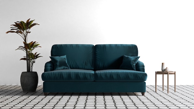 a blue couch sitting next to a plant on a tiled floor