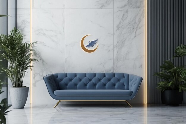 a blue couch with a bird on the side of it