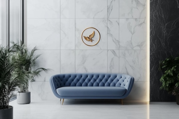 a blue couch with a bird on the wall above it