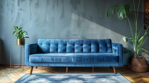 a blue couch with a blue couch and a white wall behind it