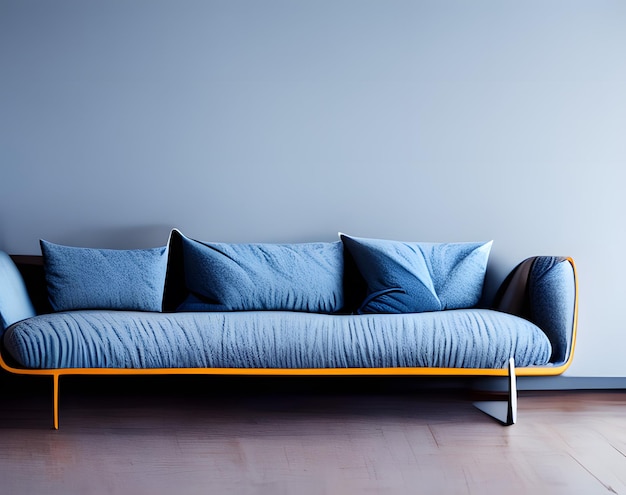 A blue couch with a blue cover and a lamp on the right side.