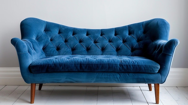 a blue couch with a blue cover that says  the word  on the side