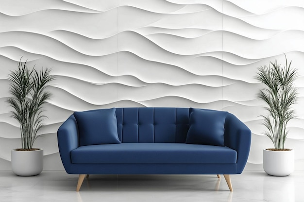 a blue couch with a blue cushion sits against a white wall with a blue textured wall behind it