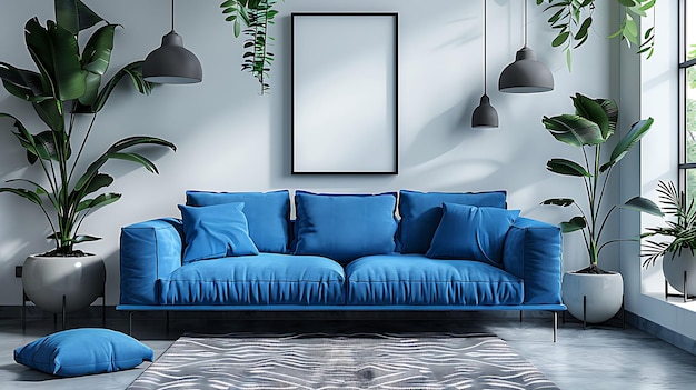 a blue couch with a blue sofa and a picture of a plant on the wall