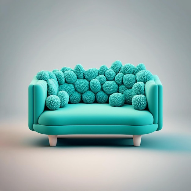 A blue couch with a bunch of balls on it