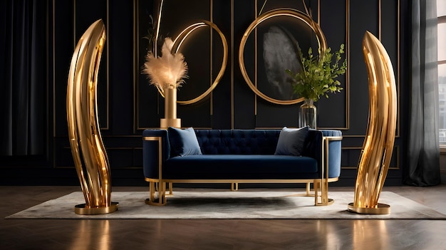 Photo a blue couch with gold trim and a blue sofa with a gold feather on it