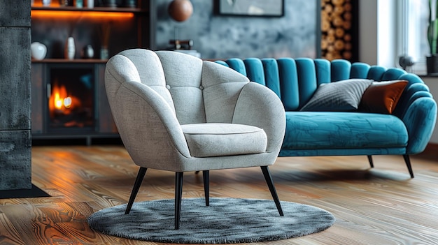 a blue couch with a gray cushion and a blue sofa in the background