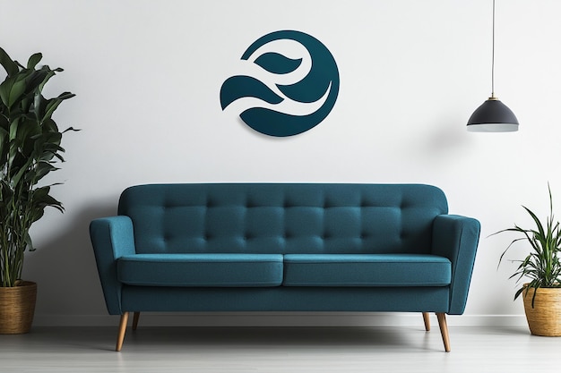 Photo a blue couch with a logo on the wall above it