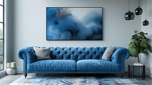 a blue couch with a painting on the wall above it