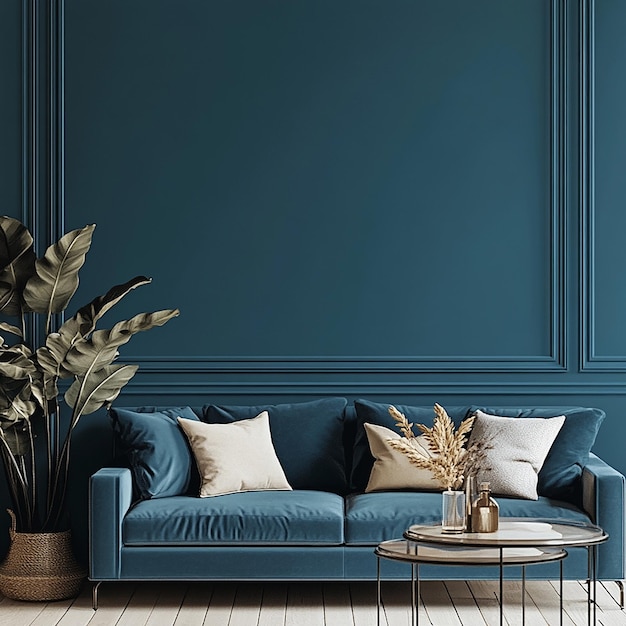 Photo a blue couch with pillows and a plant in a pot on the floor