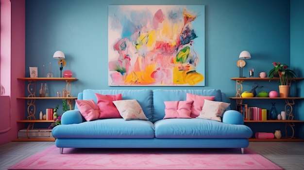 a blue couch with pink and pink pillows and a painting on the wall