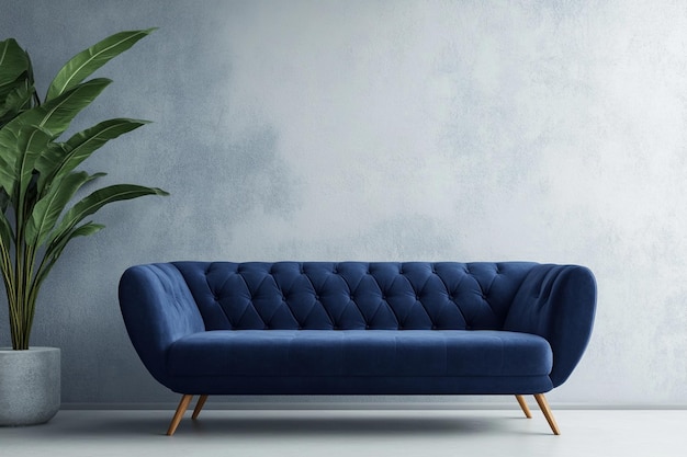 Photo a blue couch with a plant in the corner