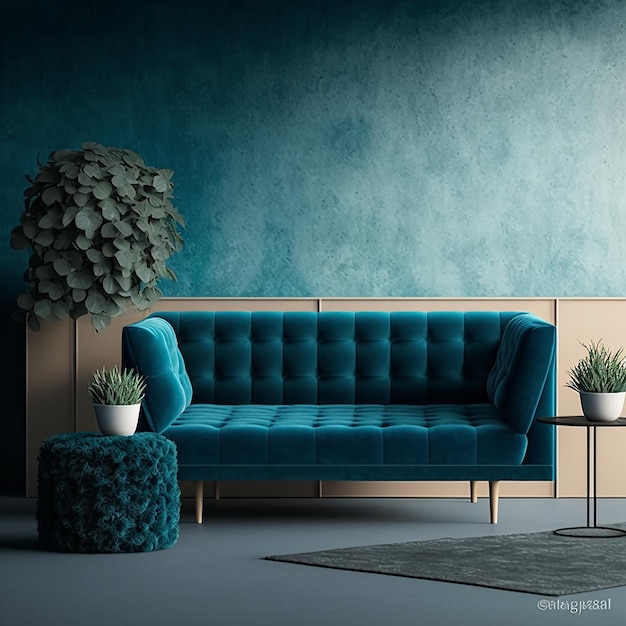 A blue couch with a plant on it