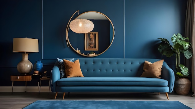 a blue couch with a round mirror and a lamp on it