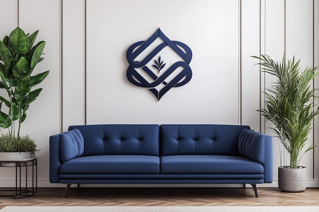 Photo a blue couch with a sign that says quot rectangle quot on the wall