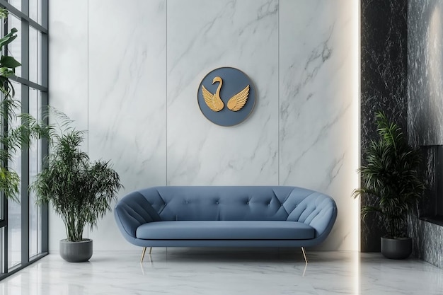 a blue couch with two birds on it and a blue bird on the wall