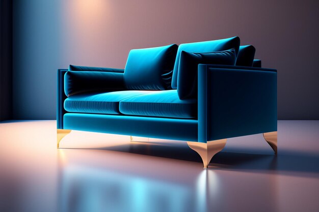 A blue couch with a white base and a gold base.