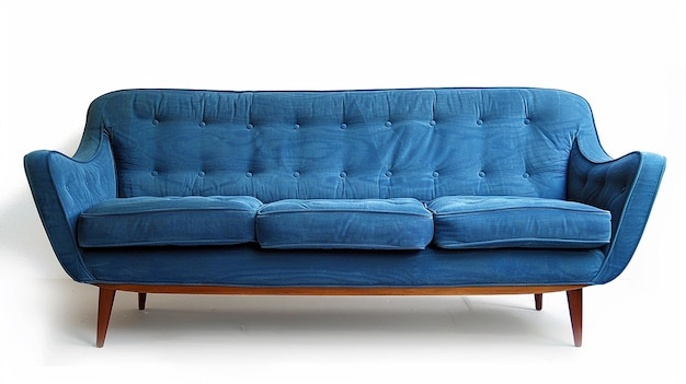 a blue couch with a wooden frame and a blue leather sofa