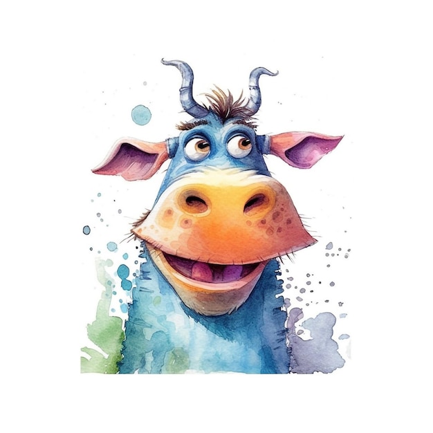 A blue cow with horns and a blue cow with a blue nose.