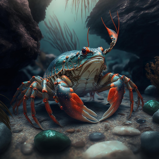 A blue crab is in the water with rocks and plants