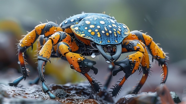 a blue crab with yellow eyes and blue eyes is on a branch