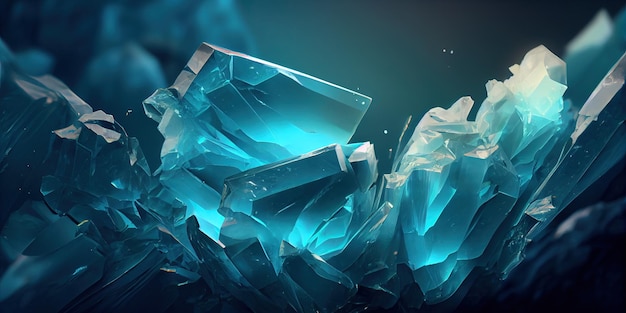 A blue crystal cluster of ice crystals on a black background generative AI