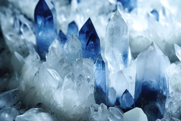 Blue crystals of quartz on a blue background Closeup