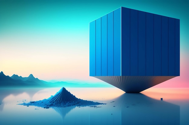 A blue cube sits on a lake with mountains in the background.